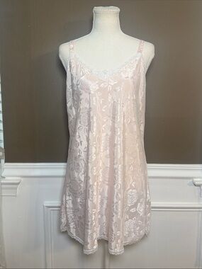 Storybook Heirlooms Pink Floral Jacquard Chemise Slip Nightgown L 90s Vintage